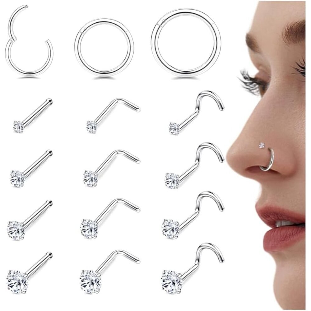 Elegant 15pcs Nose Rings Set  Surgical Steel  Cubic Zirconia For Men  Women